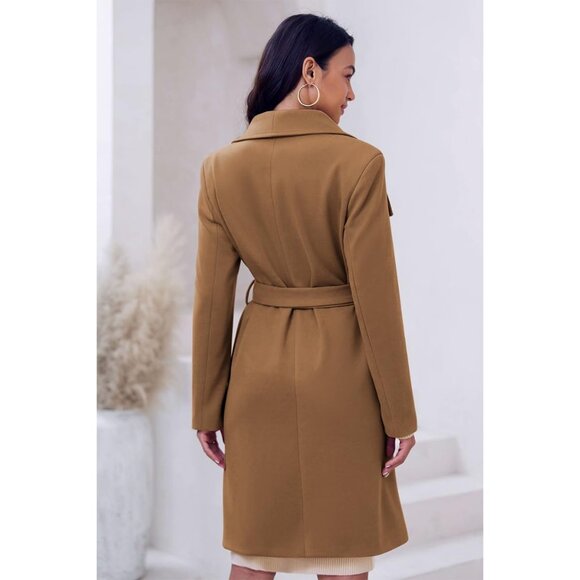 💫 Women Brown Long Collar Trench Coat Lapel Open Front Belted Pockets Jacket - Picture 4 of 5